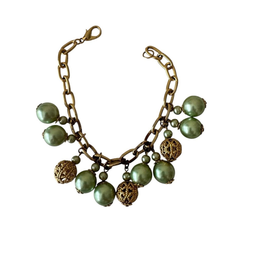 Vintage Elegant Gold and Green Beaded Bracelet Costume Statement Y2K‎ Chunky